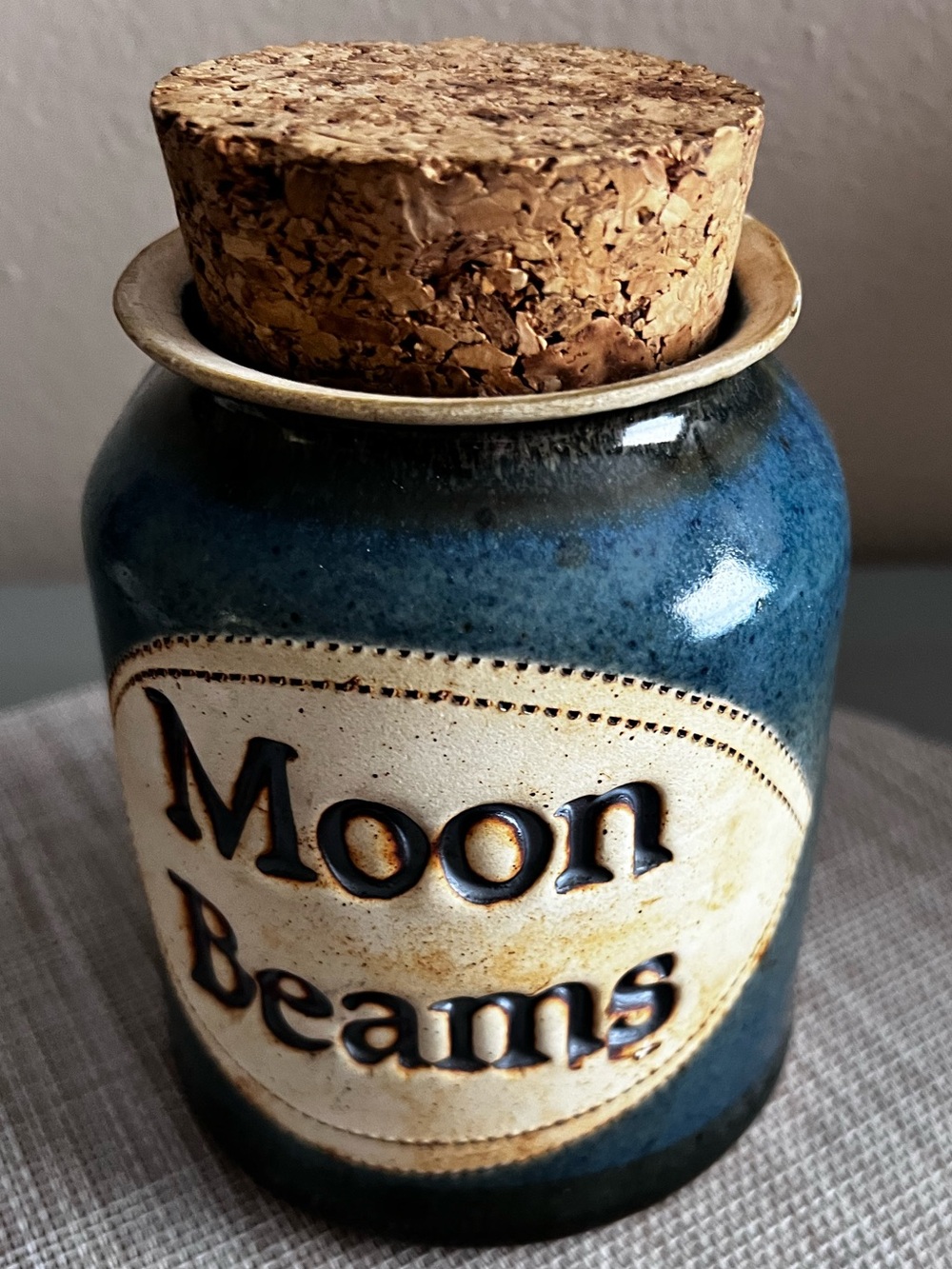 Vintage 1991 Dr. Brophy's Word Jar "Moon Beams" Stoneware Pottery with Cork LidD